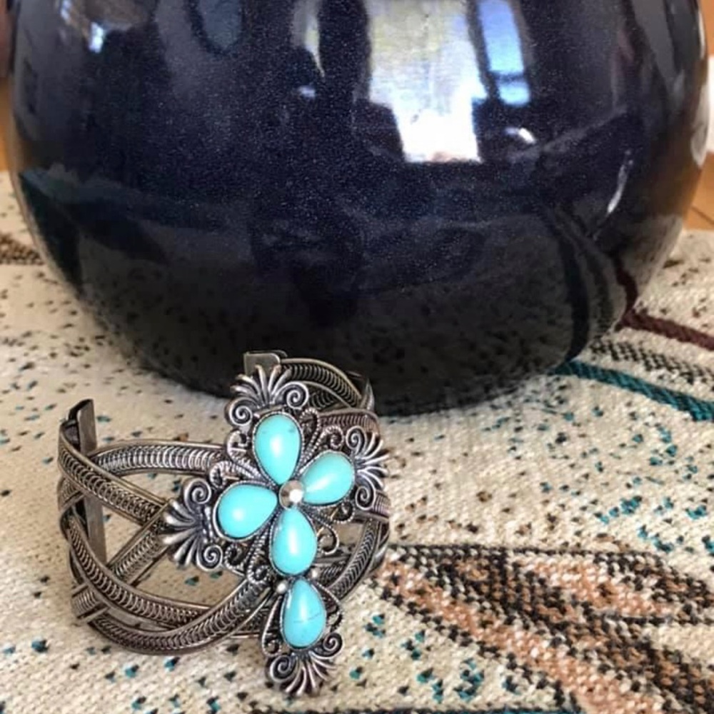 Faux Silver Cuff Bracelet With Large Turquoise Cross